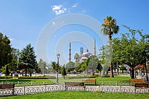 Sultan Ahmed Mosque Blue Mosque in Istanbul Turkey with lawn, and garden.