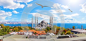 Sultan Ahmet or the Blue Mosque and the Bosphorus Straight in the background, Istanbul panorama