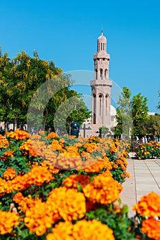 The Sultan Qaboos Grand Mosque minaret in Muscat Oman