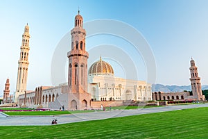 The Sultan Qaboos Grand Mosque view in golden hour