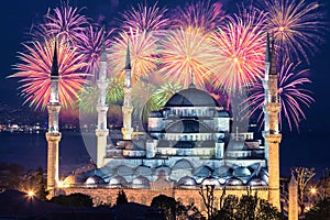 Sultanahmet camii or Sultan Ahmet camii Blue Mosque, Istanbul - Turkey with fireworks photo
