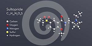 sultopride molecule 3d rendering, flat molecular structure with chemical formula and atoms color coding photo