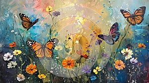 Sultry landscape. A field against the sky. Bright wildflowers. Butterflies flutter over the flowers