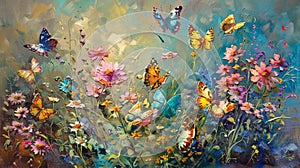 Sultry landscape. A field against the sky. Bright wildflowers. Butterflies flutter over the flowers