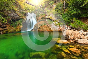 Sum waterfall and wooden bridge in the Vintgar gorge,Slovenia,Europe