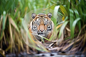 a sumatran tiger stalking its prey in the underbrush
