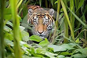 sumatran tiger stalking prey in dense foliage