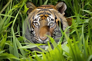 sumatran tiger stalking prey in dense foliage