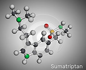 Sumatriptan molecule. It is serotonin receptor agonist used to treat migraines, headache. Molecular model. 3D rendering