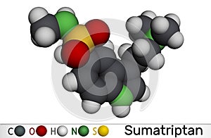 Sumatriptan molecule. It is serotonin receptor agonist used to treat migraines, headache. Molecular model. 3D rendering