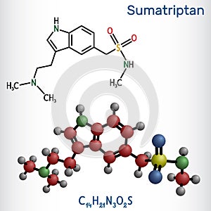 Sumatriptan molecule. It is serotonin receptor agonist used to treat migraines, headache. Structural chemical formula, molecule