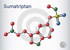 Sumatriptan molecule. It is serotonin receptor agonist used to treat migraines, headache. Structural chemical formula, molecule