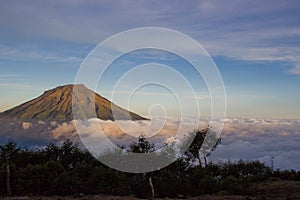 Sumbing mountain view from sunrise camp mount Sindoro, Centra Java, Indonesia