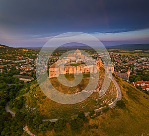 Sumeg  Hungary - Aerial panoramic view of the famous High Castle of Sumeg in Veszprem county at sunset with storm clouds