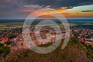 Sumeg, Hungary - Aerial panoramic view of the famous High Castle of Sumeg in Veszprem county at sunset with colorful of sunset