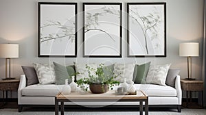 Sumi-e Style: Three Framed Paintings Of Green Plants In A Serene Living Room