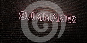 SUMMARIES -Realistic Neon Sign on Brick Wall background - 3D rendered royalty free stock image photo