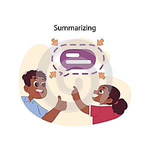 Summarizing concept. Girl learning to simplify message, while boy supports photo