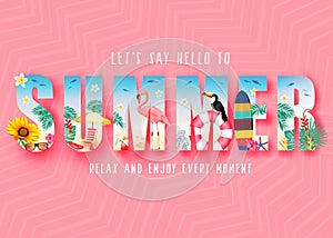 Summer 3D Realistic Stylish Modern Design Banner in Pink Patterned Background with Clipped Tropical Elements like Palm Trees