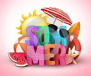 Summer 3d text vector banner design with colorful title and realistic tropical beach elements