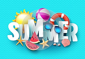 Summer 3d text vector banner design with white title and colorful tropical beach elements