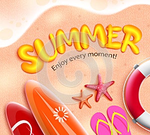 Summer 3d vector concept design. Summer enjoy every moment text in sand beach background with surfboard, lifebuoy and flipflop