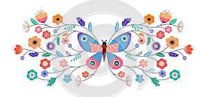 Summer abstract background, banner design with butterfly and flowers