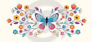 Summer abstract background, banner design with butterfly and flowers