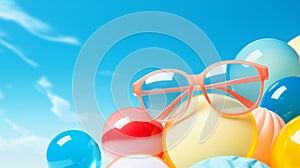 Summer composition with sunbursts, beach balls, sunglasses, and blue sky photo