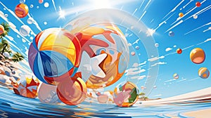 Summer abstract composition with sunbursts and beach balls under clear blue skies photo
