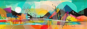Summer Abstract Content Modern Landscape Poster Banner Illustration, Background in Yellow and Blue Colors. Sandy Beach, Mountains