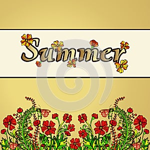 Summer abstract landscape in the style of boho chic, hippie, card, cover. Red flowers on a gold background. Bright, juicy