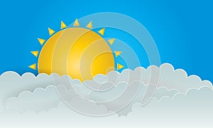 Summer Abstract Vector Design with Rising Sun on Blue Sky.