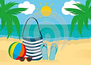 Summer accessories for the beach. Bag, sunglasses, flip flops, ball. Against the background of the sun the sea and palm trees.