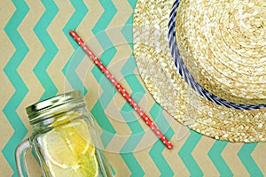 Summer accessories, Fresh summer drink and straw hat, Infused water.