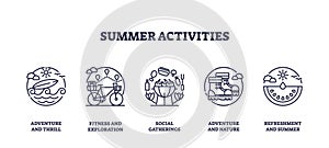 Summer activities icons depict adventure, fitness, and refreshment with a ... photo