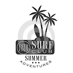 Summer adventure surf club estd 1969 logo template, black and white vector Illustration