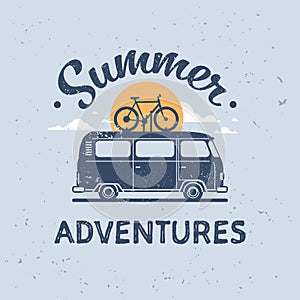 Summer adventures surf bus bike retro surfing vintage greeting card with lettering template poster flat
