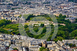 Summer aerial view on the Luxembourg Garden and rooftops in the center of Paris. France