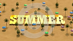 Summer. Aerial view of umbrellas, palms on the sandy beach and SUMMER word. Travel. 3d rendering