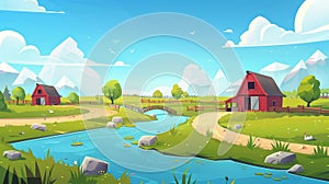 A summer agricultural scene featuring a farm barn, farm fields, and a river. Cartoon illustration of a rural landscape