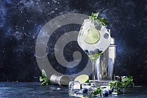 Summer alcoholic cocktail blueberry mojito with rum, green mint, lime and crushed ice, bar tools, gray bar counter, selective