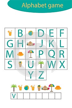 Summer alphabet game for children, make a word, preschool worksheet activity for kids, educational spelling scramble game for the