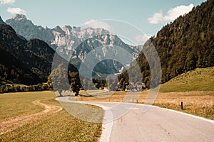 Summer alpine countryside landscape with high mountains and farms in the forest glade. Logar valley Logarska Dolina from the pan