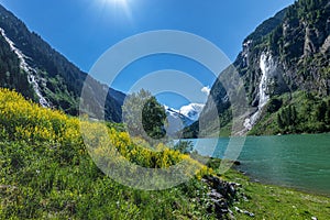 Summer alpine landscape with mountain lake. Stillup, Stillup Lake, Austria