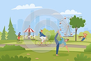 Summer amusement city park with people resting, cycling, doing yoga or sports exercises