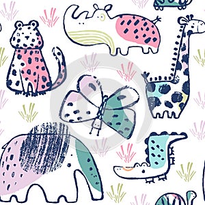 Summer animals tropical seamless pattern. Hand drawn african . Beach vacation background design, savannah textile print