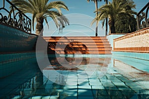 Summer anticipation Empty swimming pool with rusty stairs, tile floor