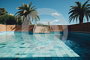 Summer anticipation Empty swimming pool with rusty stairs, tile floor