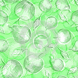Summer apple and pear engraved seamless pattern. Vintage background for restaurant with fruit and leaves in hand drawn style